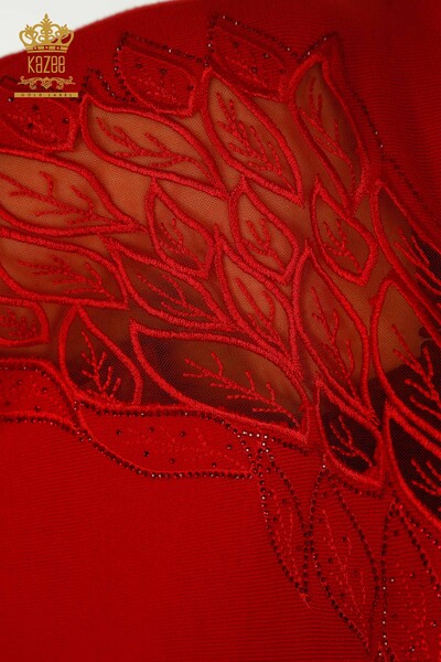 Pulover de tricotaj pentru femei cu ridicata - Tulle Detaliat - Roșu - 16942 | KAZEE - Thumbnail