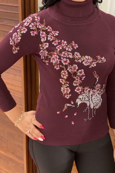 Tricotaj cu ridicata pentru femei Pulover cu gât roșu cu model floral colorat - 15921 | KAZEE - Thumbnail