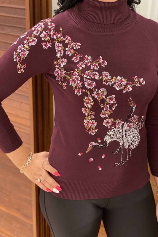 Tricotaj cu ridicata pentru femei Pulover cu gât roșu cu model floral colorat - 15921 | KAZEE