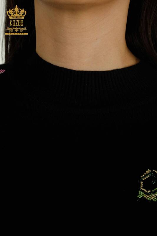 Tricotaj cu ridicata pentru femei Pulover - Umăr Flori Detaliat - Negru - 30542 | KAZEE