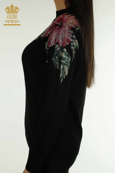 Tricotaj cu ridicata pentru femei Pulover - Umăr Flori Detaliat - Negru - 30542 | KAZEE - Thumbnail