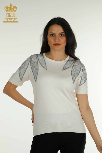 Tricotaj cu ridicata pentru femei Pulover - Umăr Brodat cu piatră - Ecru - 30792 | KAZEE - Thumbnail