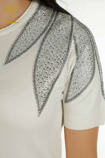 Tricotaj cu ridicata pentru femei Pulover - Umăr Brodat cu piatră - Ecru - 30792 | KAZEE - Thumbnail