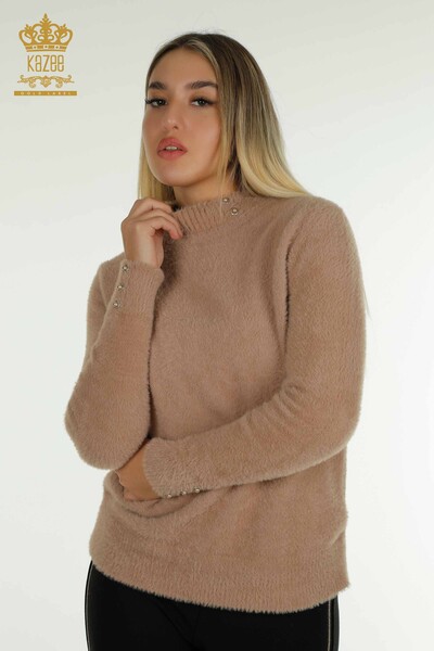 Pulover de tricotaj de damă cu ridicata - Angora - Detaliat cu nasturi - nurcă - 30667 | KAZEE - Thumbnail