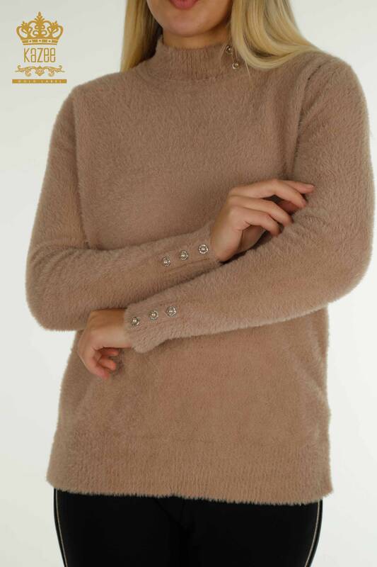 Pulover de tricotaj de damă cu ridicata - Angora - Detaliat cu nasturi - nurcă - 30667 | KAZEE