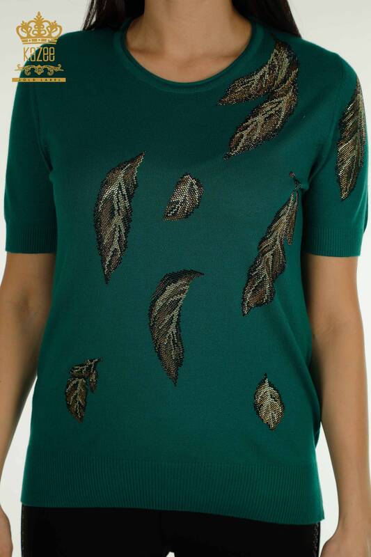 Pulover de tricotaje pentru femei cu ridicata - Model cu frunze - Verde - 30477 | KAZEE