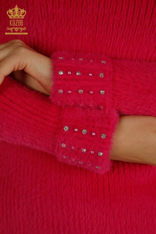 Tricotaj de damă cu ridicata - Angora - Mărgele de piatră - Fuchsia - 30769 | KAZEE