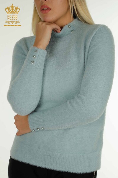 Pulover de tricotaj de damă cu ridicata - Angora - Detaliat cu nasturi - Mentă - 30667 | KAZEE - Thumbnail