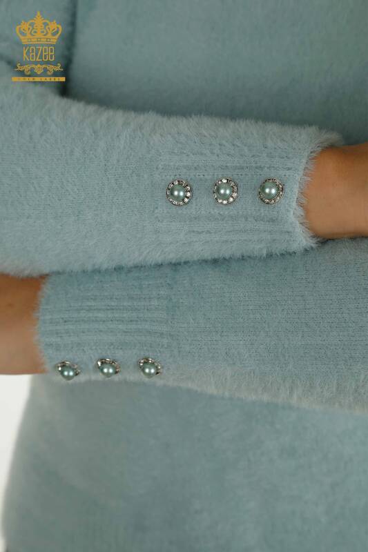 Pulover de tricotaj de damă cu ridicata - Angora - Detaliat cu nasturi - Mentă - 30667 | KAZEE