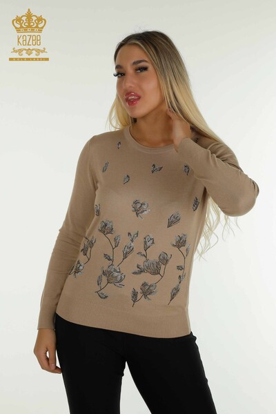 Pulover de tricotaj pentru femei cu ridicata - Brodat cu piatra - Bej - 30471 | KAZEE - Thumbnail