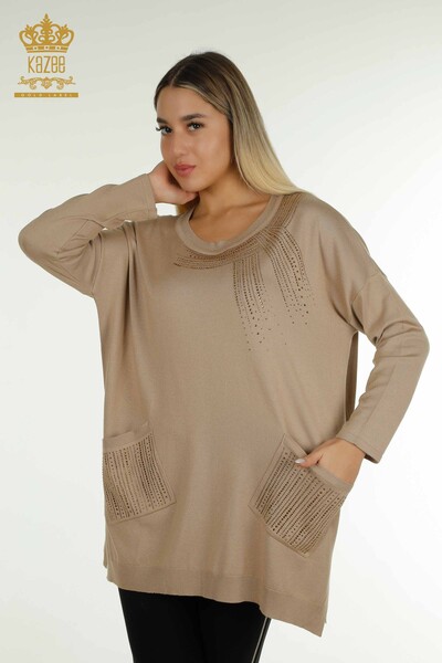 Pulover de tricotaj pentru femei cu ridicata - Brodat cu piatra - Bej - 30623 | KAZEE - Thumbnail