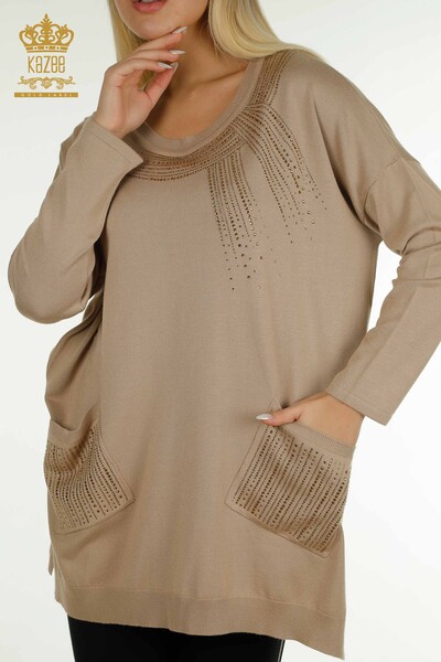 Pulover de tricotaj pentru femei cu ridicata - Brodat cu piatra - Bej - 30623 | KAZEE - Thumbnail