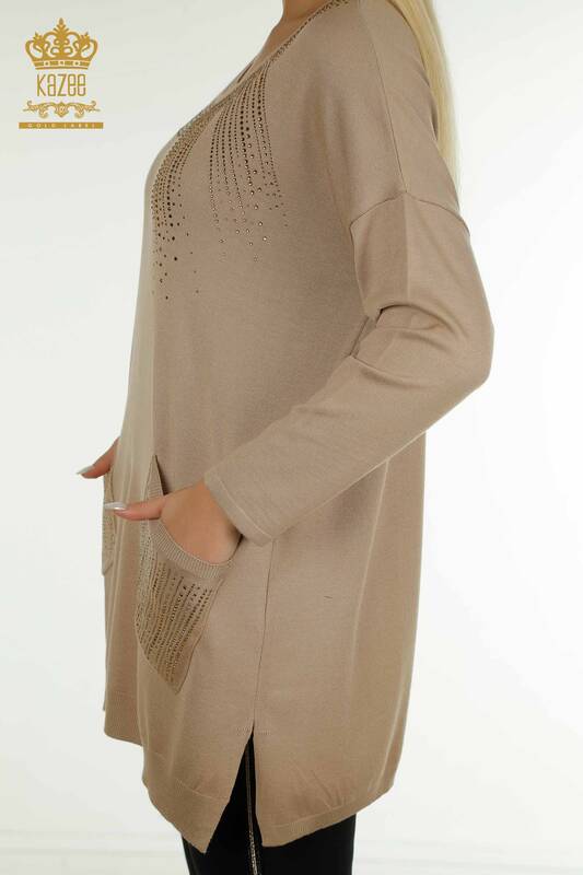 Pulover de tricotaj pentru femei cu ridicata - Brodat cu piatra - Bej - 30623 | KAZEE