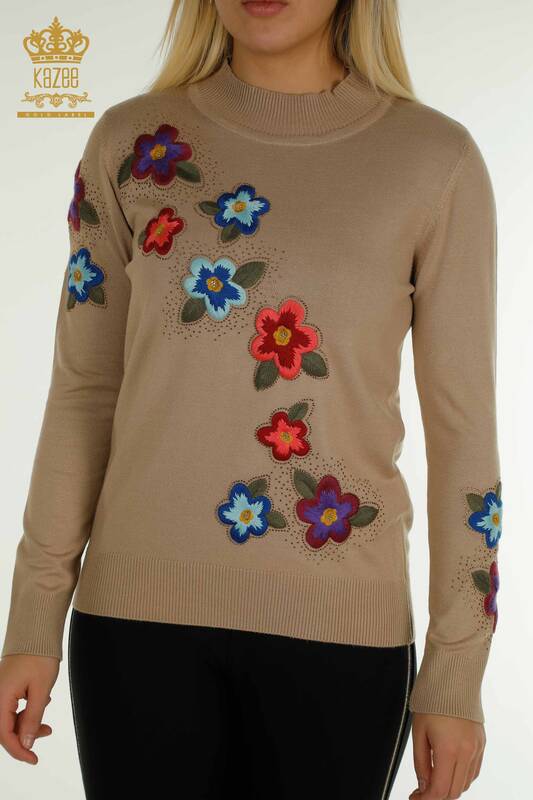 Pulover de tricotaj pentru femei cu ridicata - Brodat cu piatra - Bej - 30789 | KAZEE