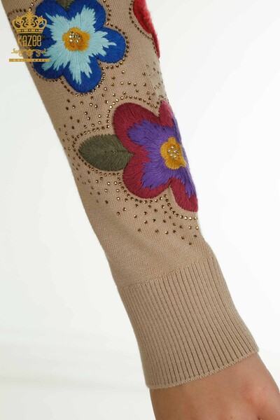 Pulover de tricotaj pentru femei cu ridicata - Brodat cu piatra - Bej - 30789 | KAZEE - Thumbnail
