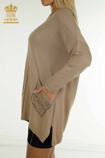Pulover de tricotaje pentru femei - cu piatra brodata - bej - 30601 | KAZEE - Thumbnail
