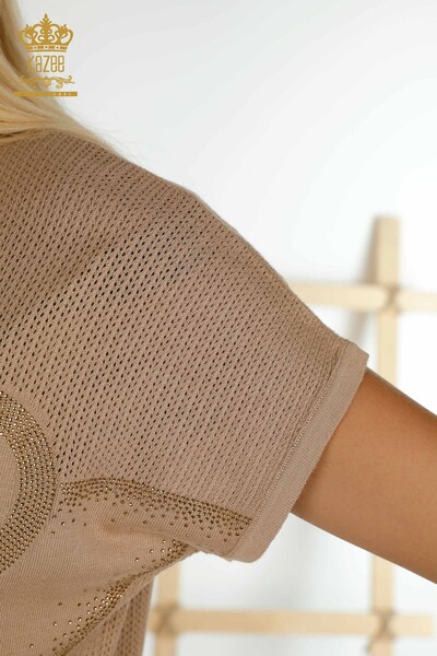 Pulover de tricotaj pentru femei cu ridicata - Brodat cu piatra - Bej - 30501 | KAZEE - Thumbnail