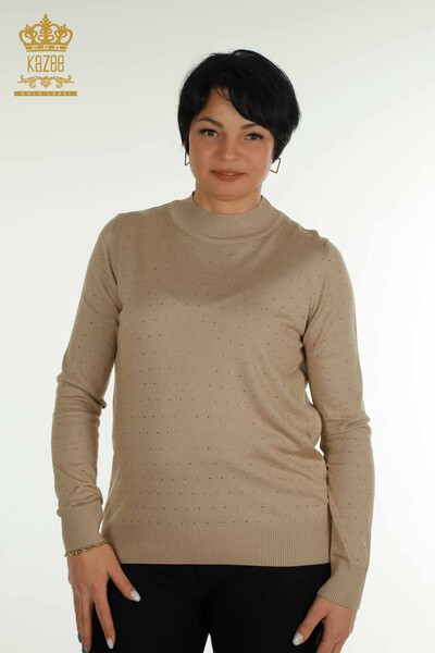 Pulover de tricotaj pentru femei cu ridicata - Brodat cu piatra - Bej - 30677 | KAZEE - Thumbnail