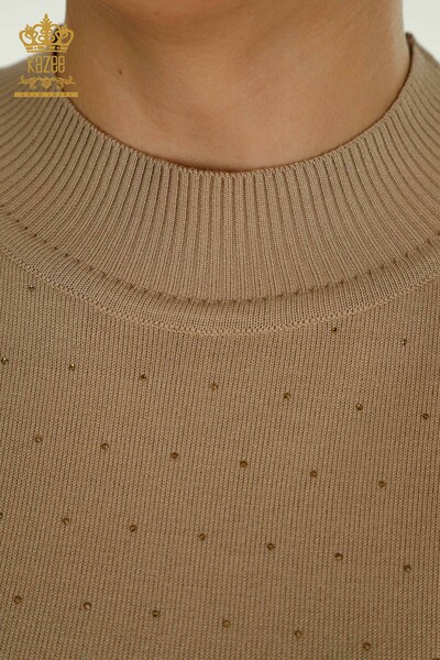 Pulover de tricotaj pentru femei cu ridicata - Brodat cu piatra - Bej - 30677 | KAZEE - Thumbnail