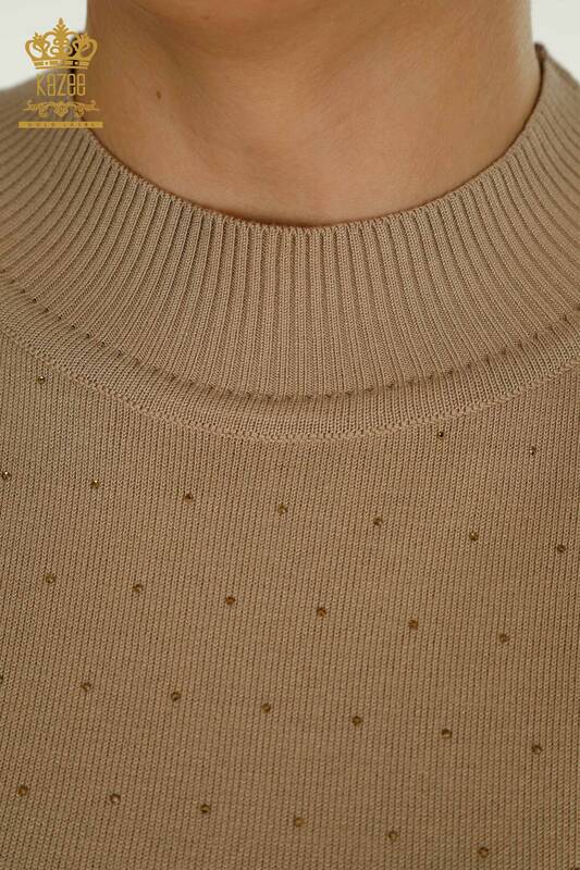 Pulover de tricotaj pentru femei cu ridicata - Brodat cu piatra - Bej - 30677 | KAZEE