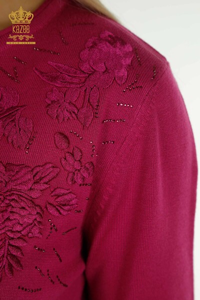 En-gros Tricotaj pentru femei Pulover cu broderie florală Fuchsia - 16849 | KAZEE - Thumbnail