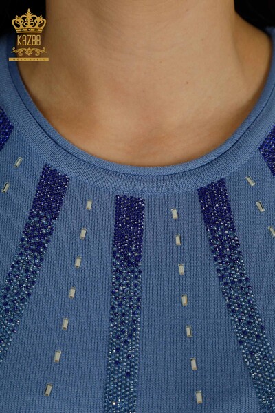 Pulover de tricotaje pentru femei cu ridicata - Brodat cu piatra - Albastru - 30460 | KAZEE - Thumbnail