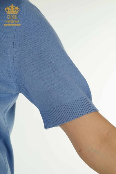 Pulover de tricotaje pentru femei cu ridicata - Brodat cu piatra - Albastru - 30460 | KAZEE - Thumbnail