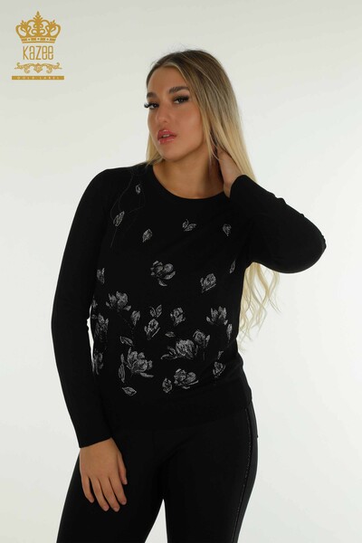 Pulover de tricotaj pentru femei cu ridicata - brodat cu piatra - negru - 30471 | KAZEE - Thumbnail