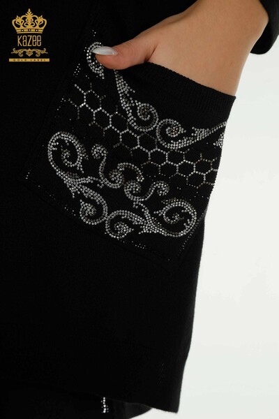 Pulover de tricotaj pentru femei cu ridicata - brodat cu piatra - negru - 30601 | KAZEE - Thumbnail