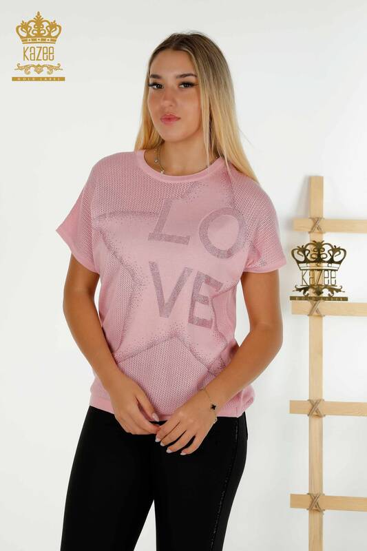 En-gros tricotaje de damă pulover - Piatră Brodate - Roz - 30501 | KAZEE