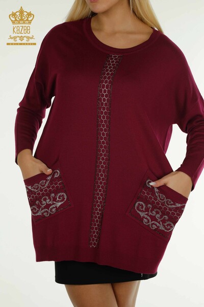 Pulover de tricotaje pentru femei cu ridicata - Brodat cu piatra - Liliac - 30601 | KAZEE - Thumbnail