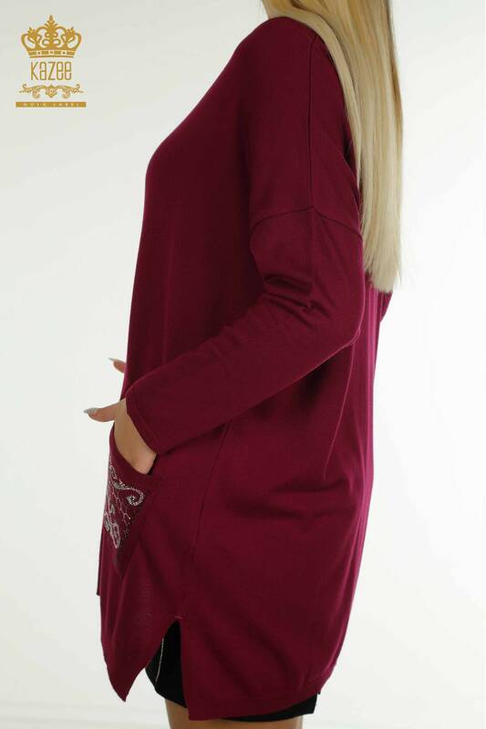 Pulover de tricotaje pentru femei cu ridicata - Brodat cu piatra - Liliac - 30601 | KAZEE