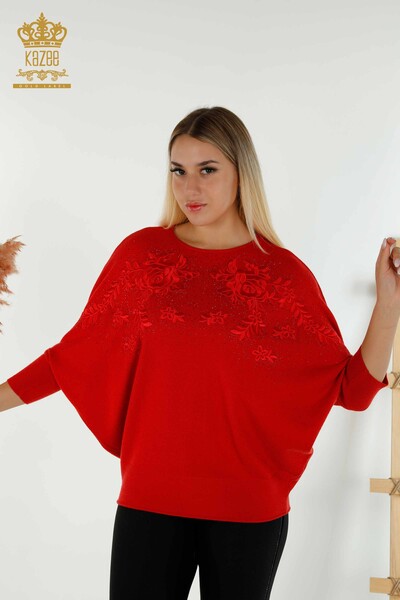 Pulover de tricotaje de damă cu ridicata - brodat cu piatră - roșu - 16799 | KAZEE - Thumbnail