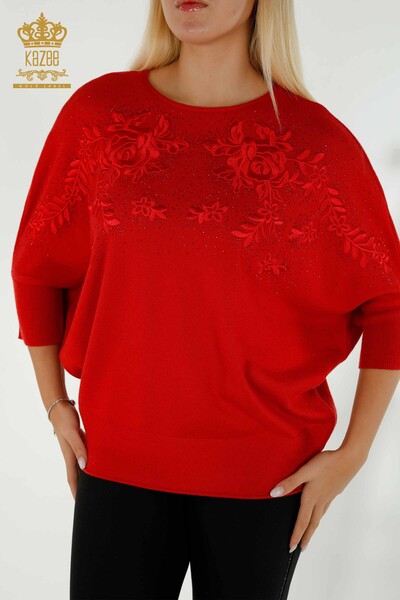 Kazee - Pulover de tricotaje de damă cu ridicata - brodat cu piatră - roșu - 16799 | KAZEE (1)