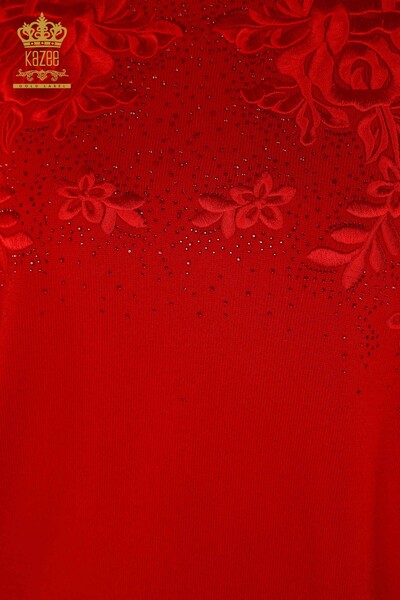 Pulover de tricotaje de damă cu ridicata - brodat cu piatră - roșu - 16799 | KAZEE - Thumbnail (2)