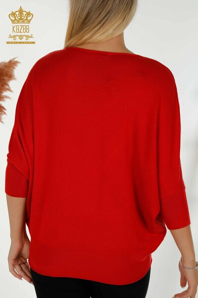 Pulover de tricotaje de damă cu ridicata - brodat cu piatră - roșu - 16799 | KAZEE - Thumbnail