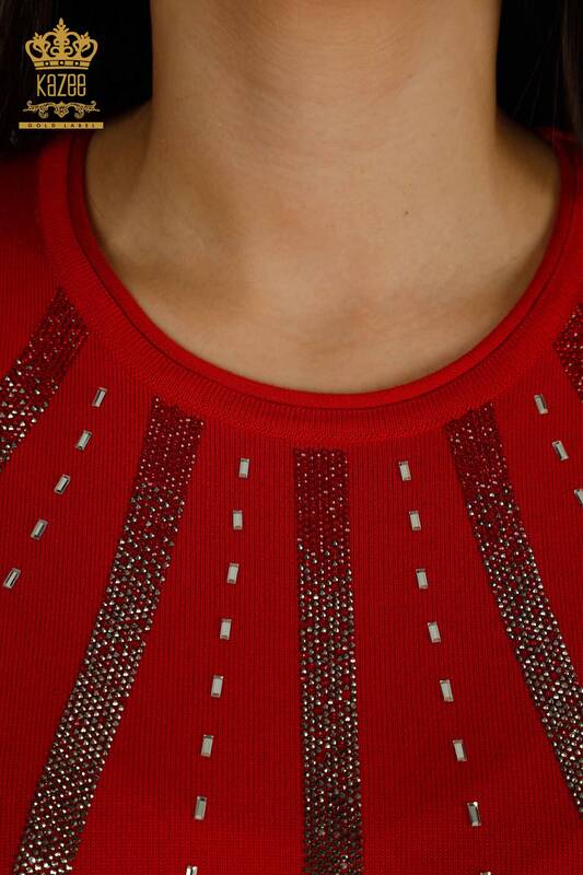 Pulover de tricotaj pentru femei cu ridicata - Cu piatra brodata - rosu - 30460 | KAZEE