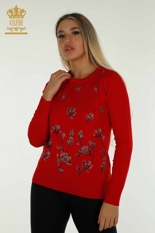 Pulover de tricotaj pentru femei cu ridicata - Cu piatra Brodat - rosu - 30471 | KAZEE