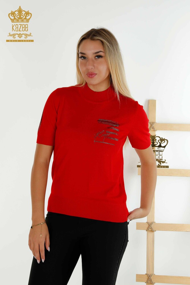 Pulover de tricotaj pentru femei cu ridicata - brodat cu piatra - rosu - 30491 | KAZEE - 1