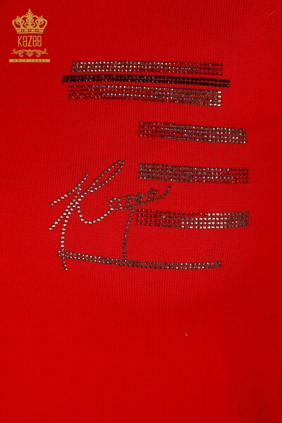 Pulover de tricotaj pentru femei cu ridicata - brodat cu piatra - rosu - 30491 | KAZEE - Thumbnail