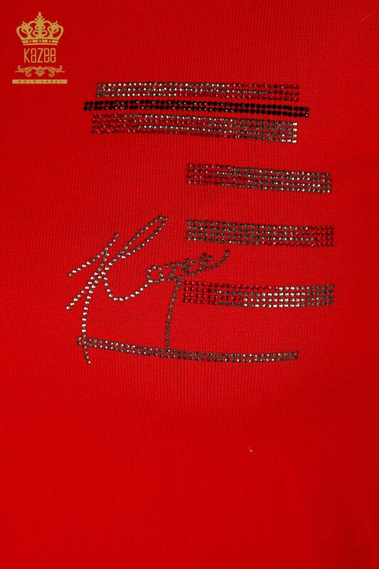 Pulover de tricotaj pentru femei cu ridicata - brodat cu piatra - rosu - 30491 | KAZEE
