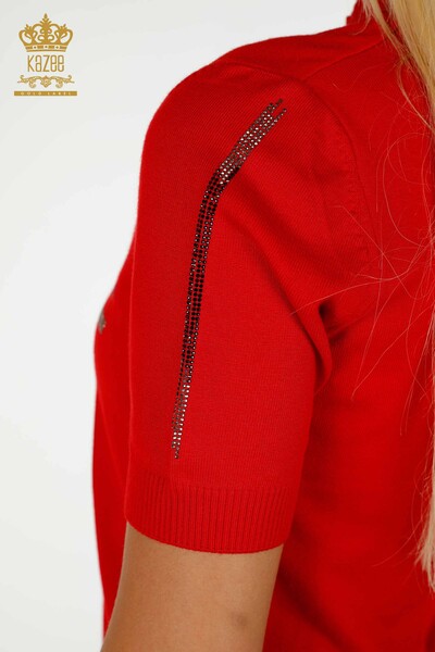 Pulover de tricotaj pentru femei cu ridicata - brodat cu piatra - rosu - 30491 | KAZEE - Thumbnail