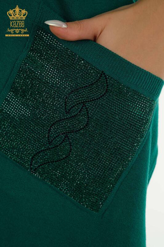Pulover de tricotaj pentru femei cu ridicata - Buzunar Detaliat - Verde - 30622 | KAZEE