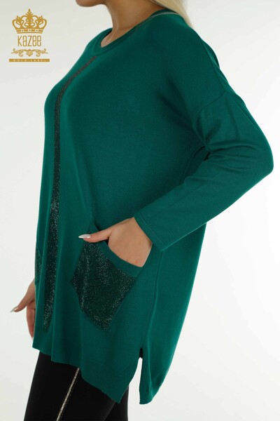 Pulover de tricotaj pentru femei cu ridicata - Buzunar Detaliat - Verde - 30622 | KAZEE - Thumbnail