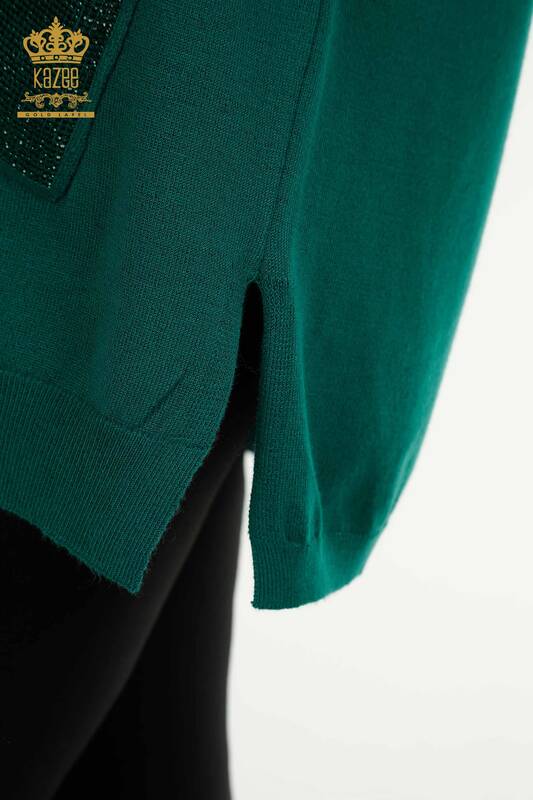 Pulover de tricotaj pentru femei cu ridicata - Buzunar Detaliat - Verde - 30622 | KAZEE