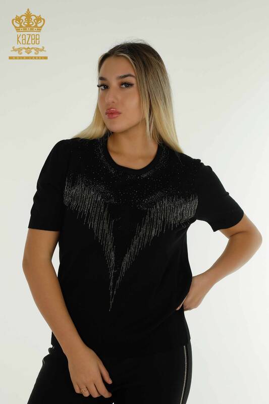 Tricotaj cu ridicata pentru femei Pulover - Cristal Brodat cu piatra - Negru - 30330 | KAZEE