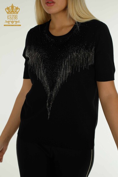Tricotaj cu ridicata pentru femei Pulover - Cristal Brodat cu piatra - Negru - 30330 | KAZEE - Thumbnail