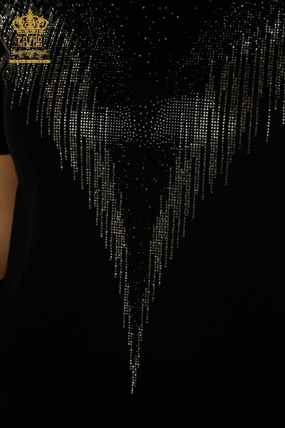 Tricotaj cu ridicata pentru femei Pulover - Cristal Brodat cu piatra - Negru - 30330 | KAZEE - Thumbnail