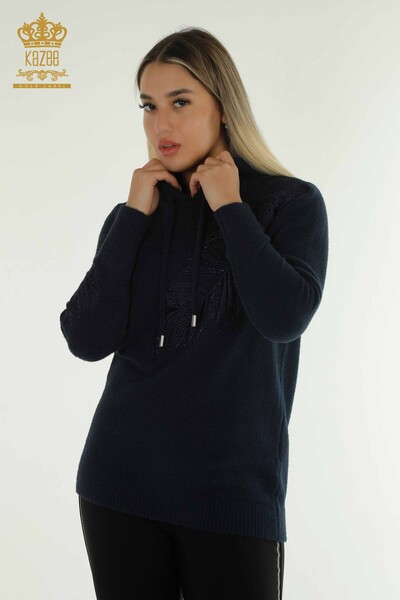 En-gros Tricotaj pentru femei Pulover - Cu glugă - Angora - Bleumarin - 40008 | KAZEE - Thumbnail