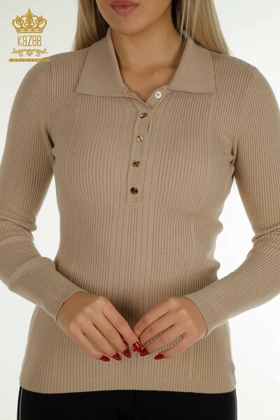 Pulover de tricotaj pentru femei cu ridicata - Detaliat nasturi - Bej - 30364 | KAZEE - Thumbnail